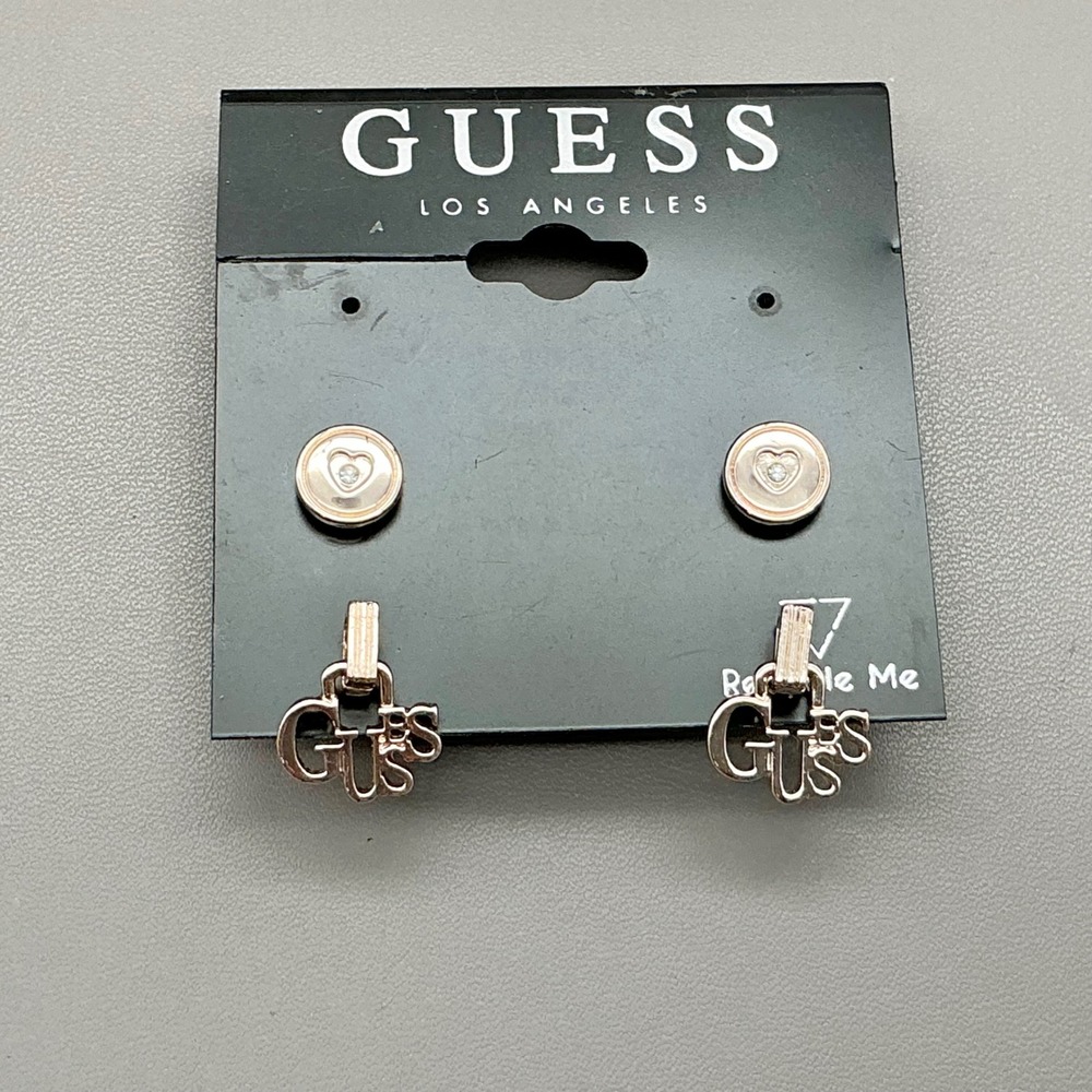 GUESS Earrings Womens Rose Gold Tone Heart Logo Stud Dangle Set Fashion Jewelry